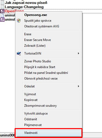 Dialog pro nastavení vlastností OpenSong.exe
